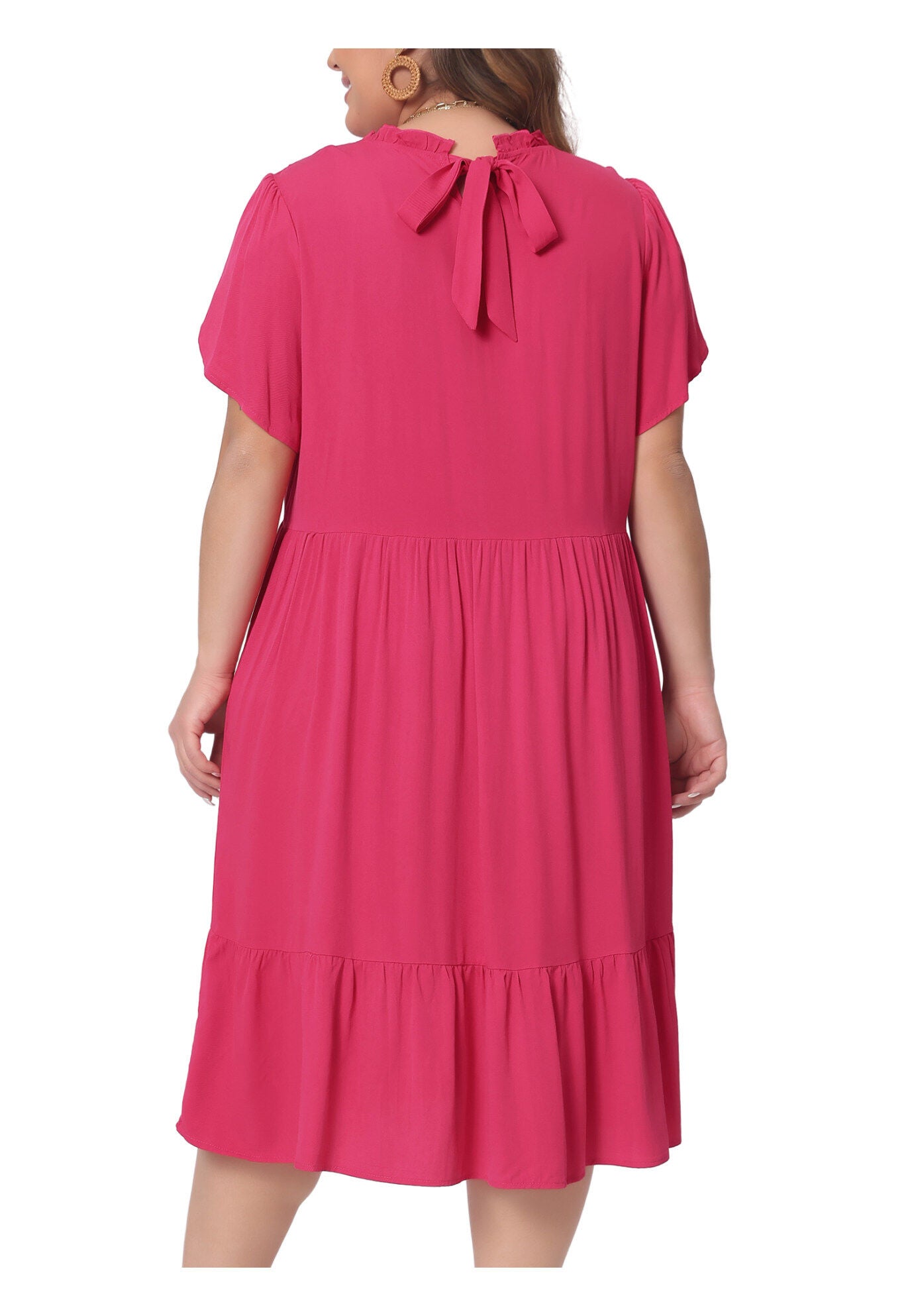 TIE BACK PETAL SLEEVE MOCK NECK RUFFLE HEM A-LINE SWING MIDI DRESS, Hot Pink / Pink, alternate image number 2