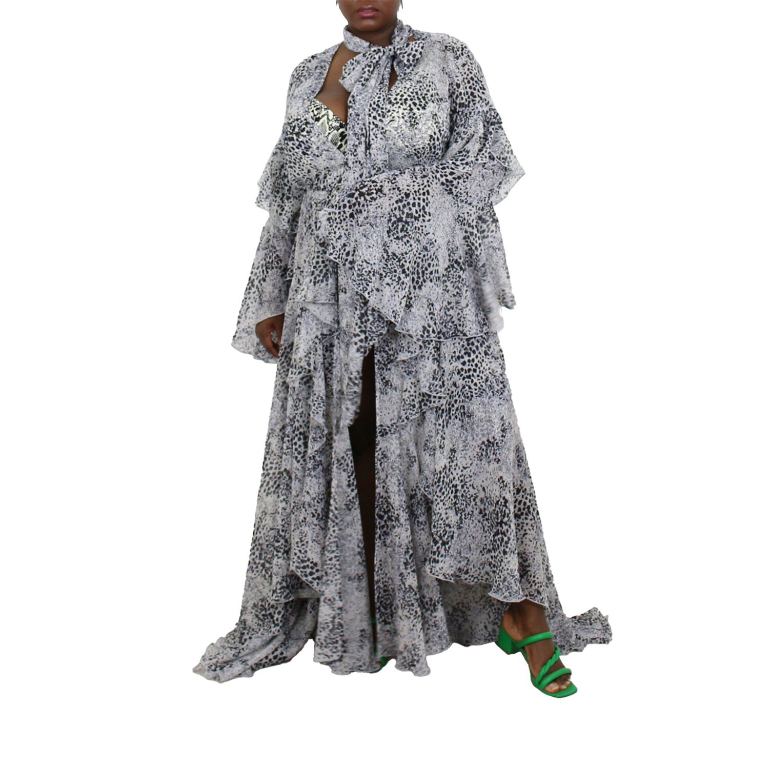 Korinne Deluxe Kaftan With Neck Tie Black & White Cheetah Print, BlackWhite / Black, alternate image number 1