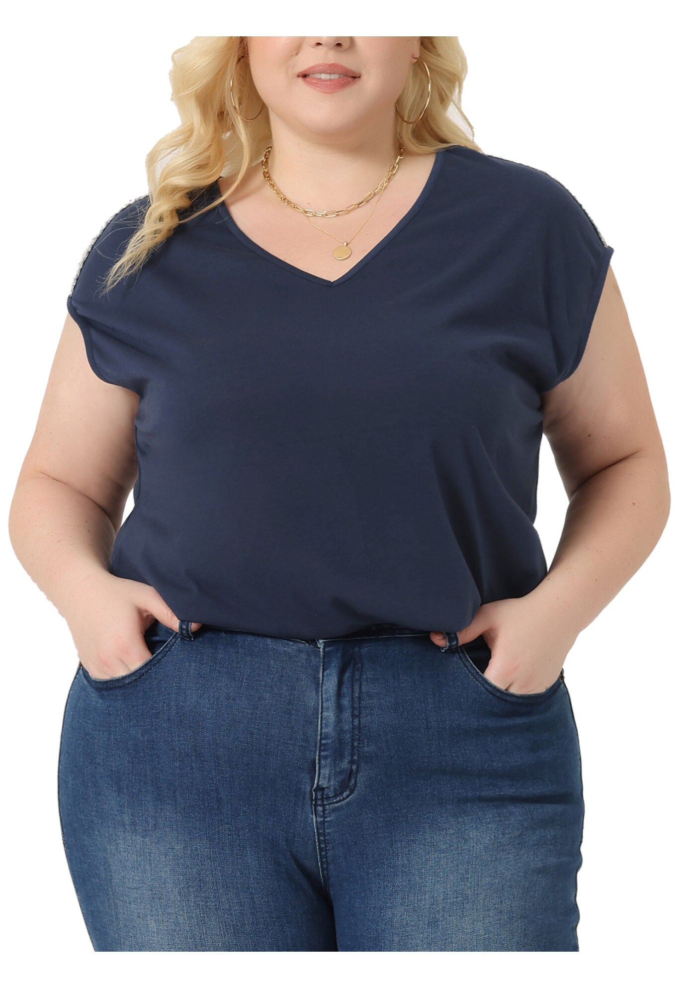 V Neck Sleeveless Basic Summer T-Shirt Top, Navy Blue / Navy, alternate image number 2