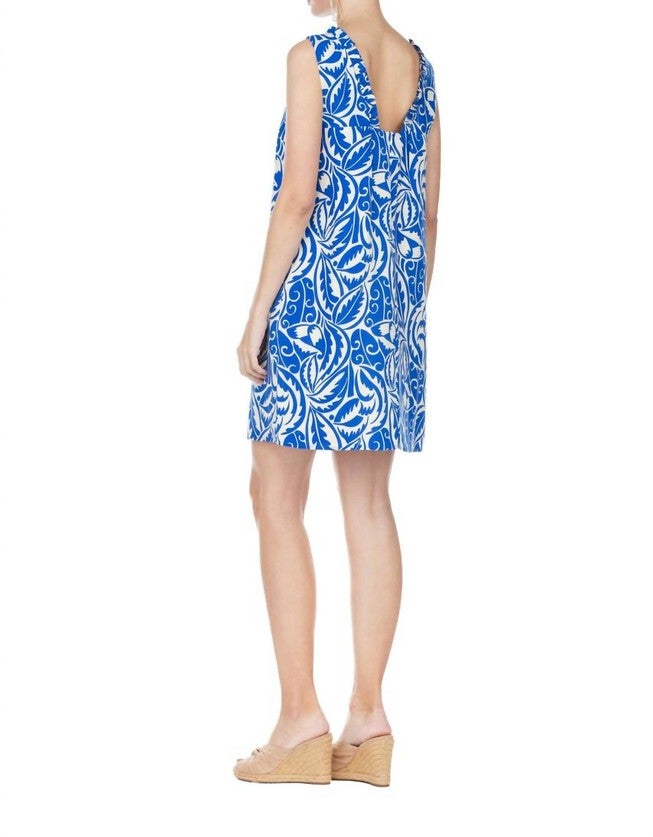 RUFFLES SQUARE BACK DRESS IN ROYAL PRINT, Royal Print / Light Blue, alternate image number null