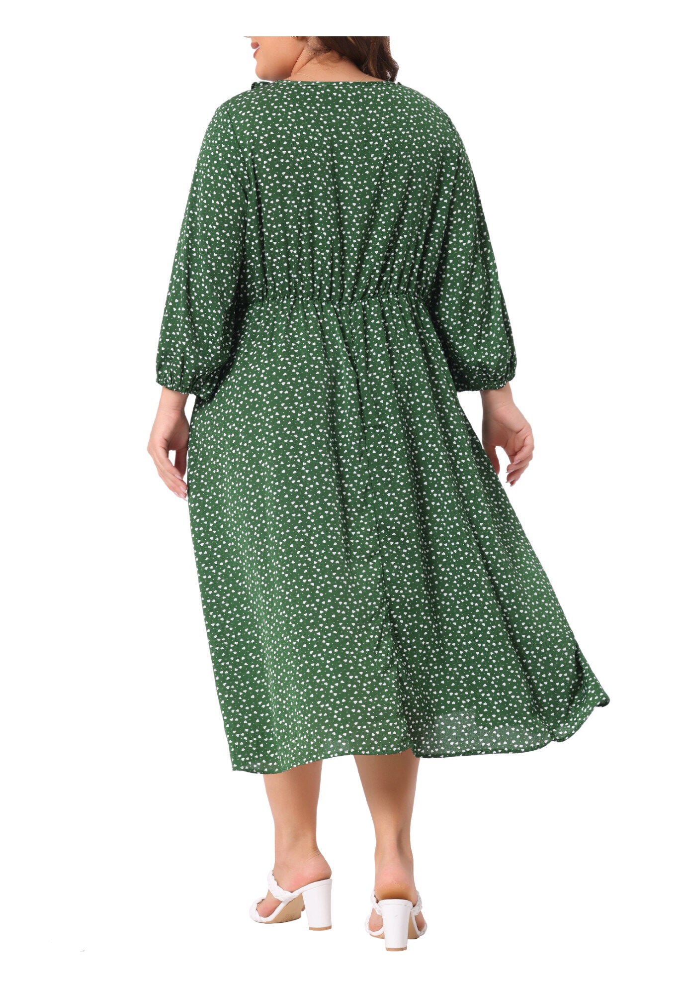 3/4 Sleeve Sweetheart Print Midi Ruffle Dress, Green / Hunter Green, alternate image number 3