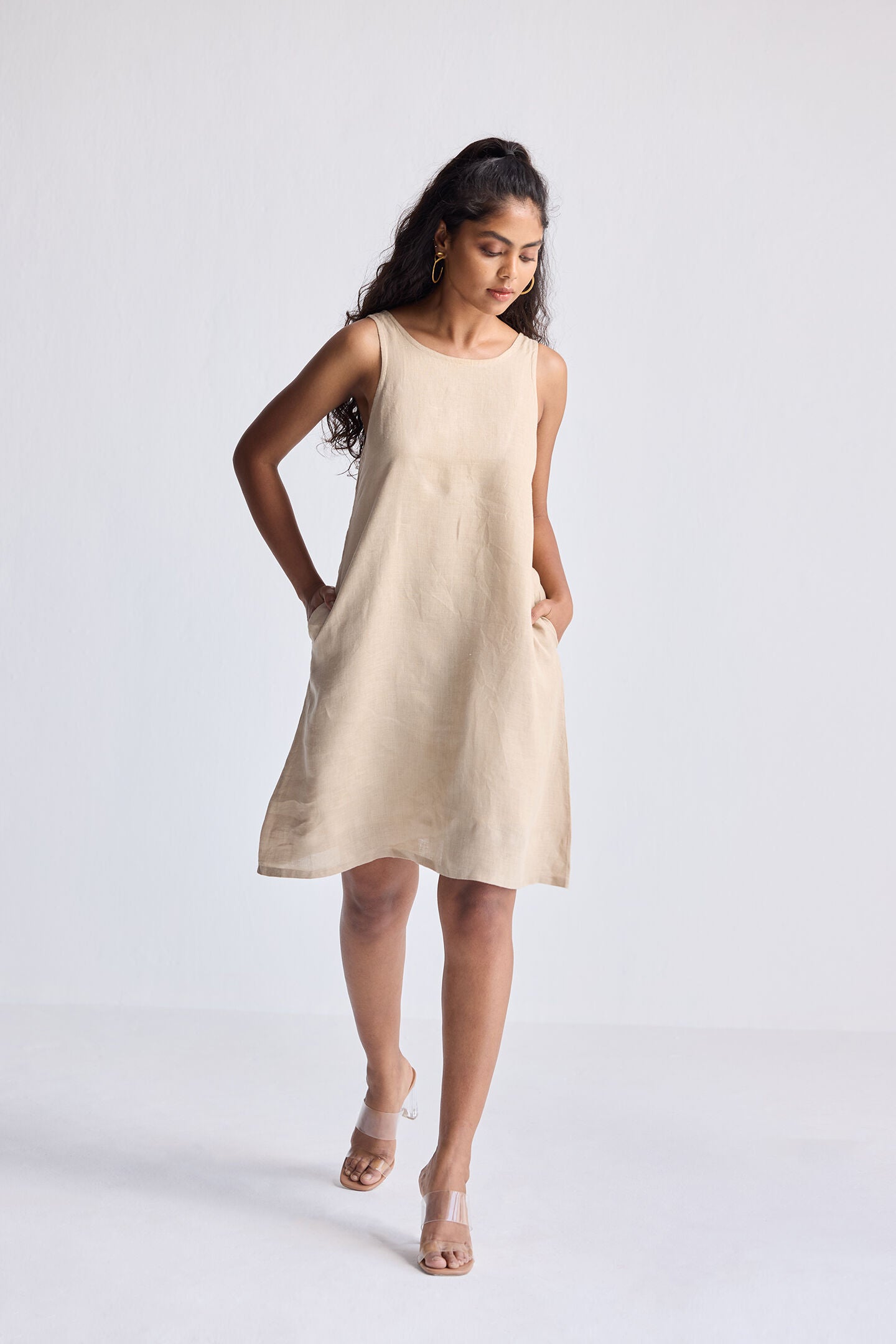 Hemp Short Dress with Back Embroidered Lace Detail, Neutral Beige / Beige, alternate image number 6