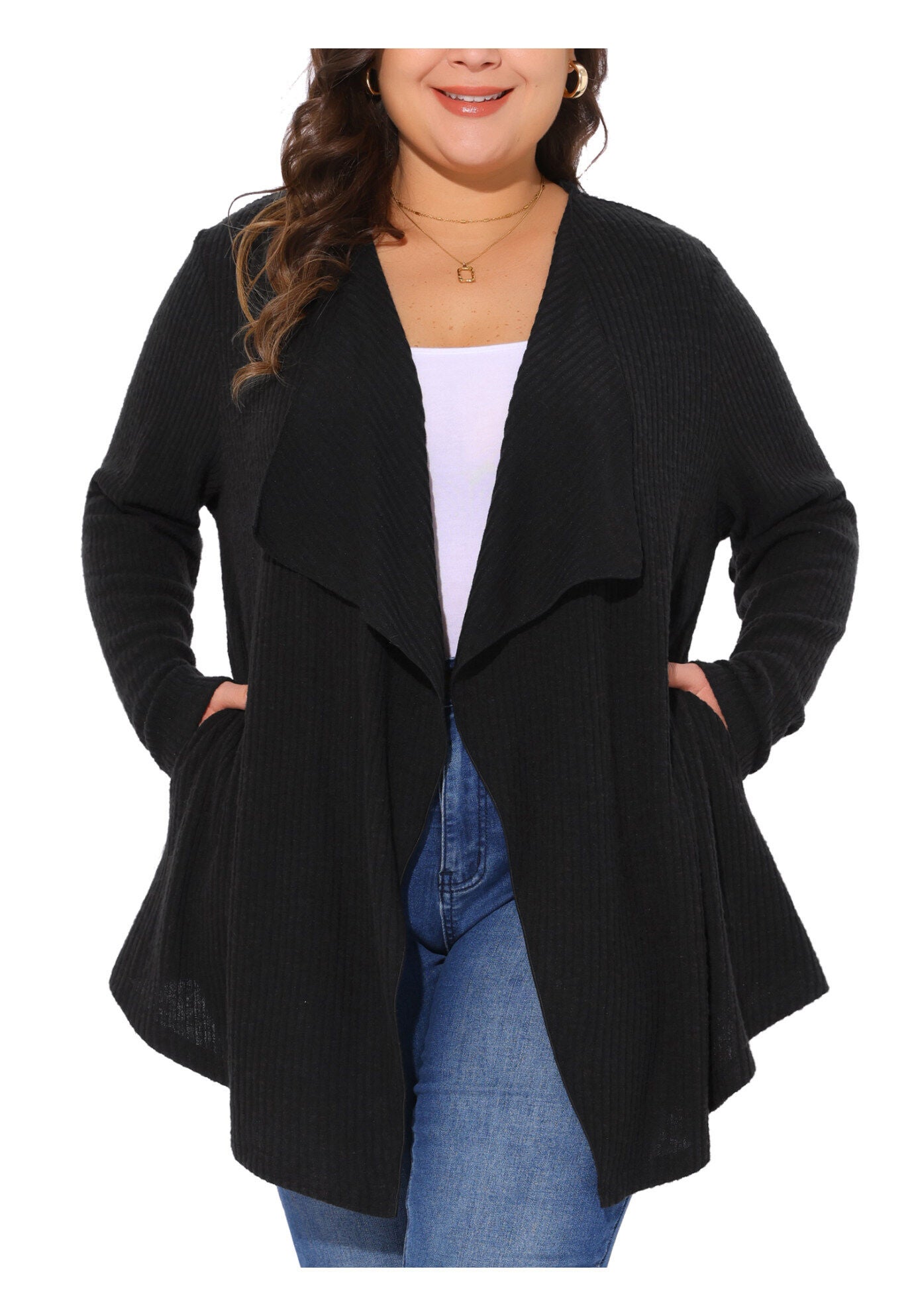 OPEN FRONT IRREGULAR HEM CARDIGAN WITH POCKETS, Black / Black, alternate image number 2