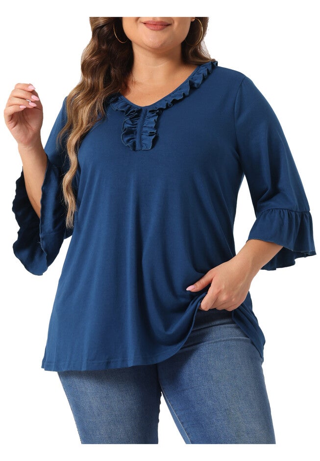 Ruffle Blouse 3/4 Sleeve V Neck Tunic Top, Blue / Navy, alternate image number 2