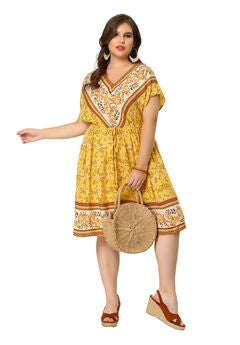 Boho Summer V Neck Drawstring Waist Short Sleeve Floral Print Dress
