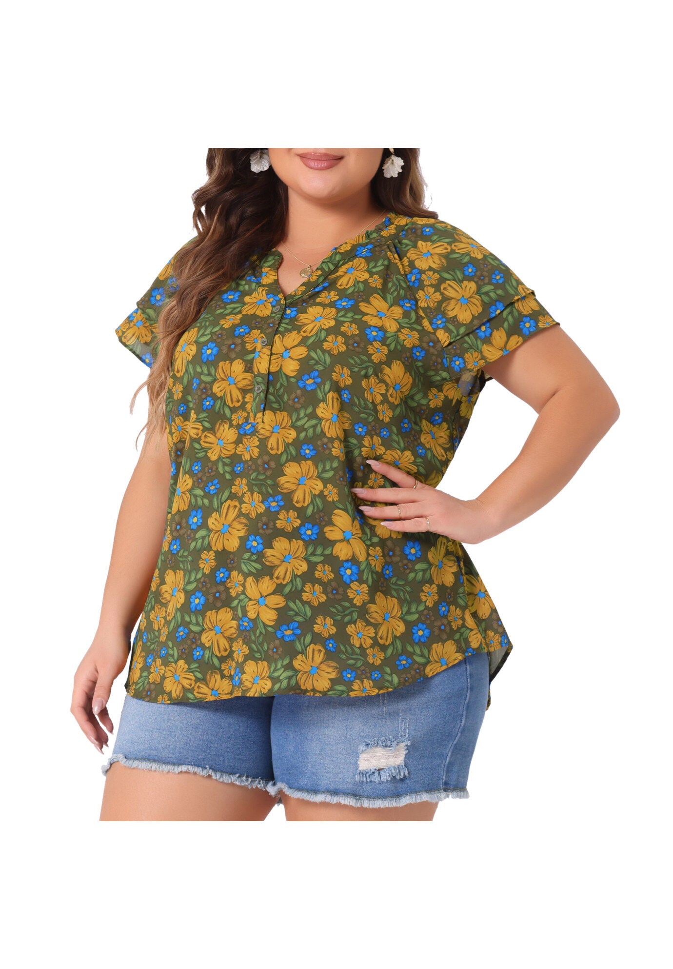 Floral Ruffle Trim V Neck Layered Sleeve Blouse, Army Green / Olive Green, alternate image number 2