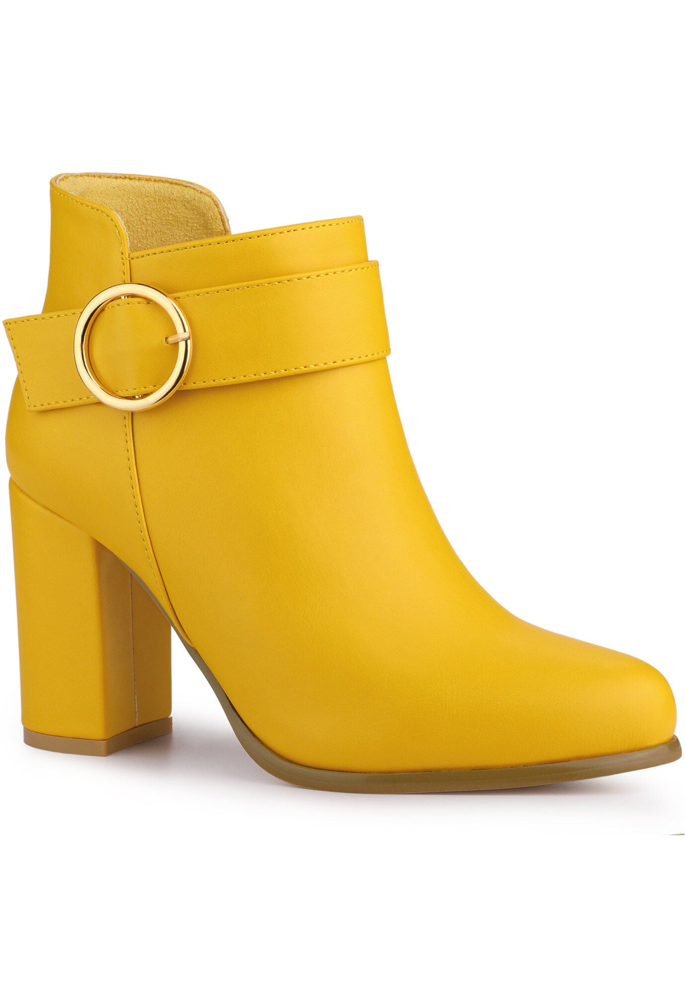 Round Toe Circle Buckle Chunky Heels Ankle Boots, Yellow / Yellow, hi-res image number 0