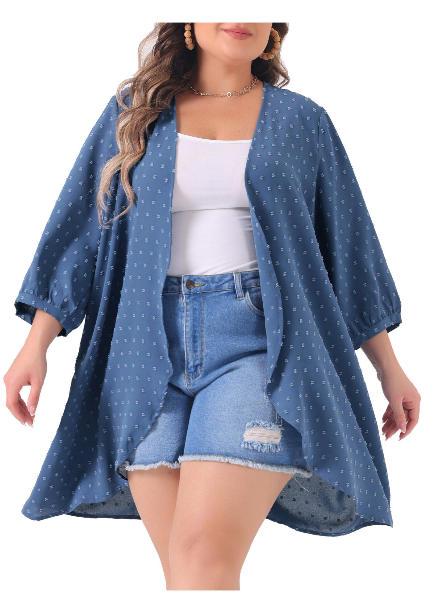 OPEN FRONT 3/4 SLEEVE SWISS DOTS LIGHTWEIGHT COVER UP CARDIGAN, Blue / Dusty Blue, alternate image number 2