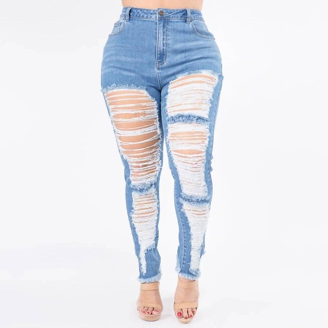 HIGH WAIST DISTRESSED SKINNY JEANS IN BLUE, Blue / Light Wash, hi-res image number 0