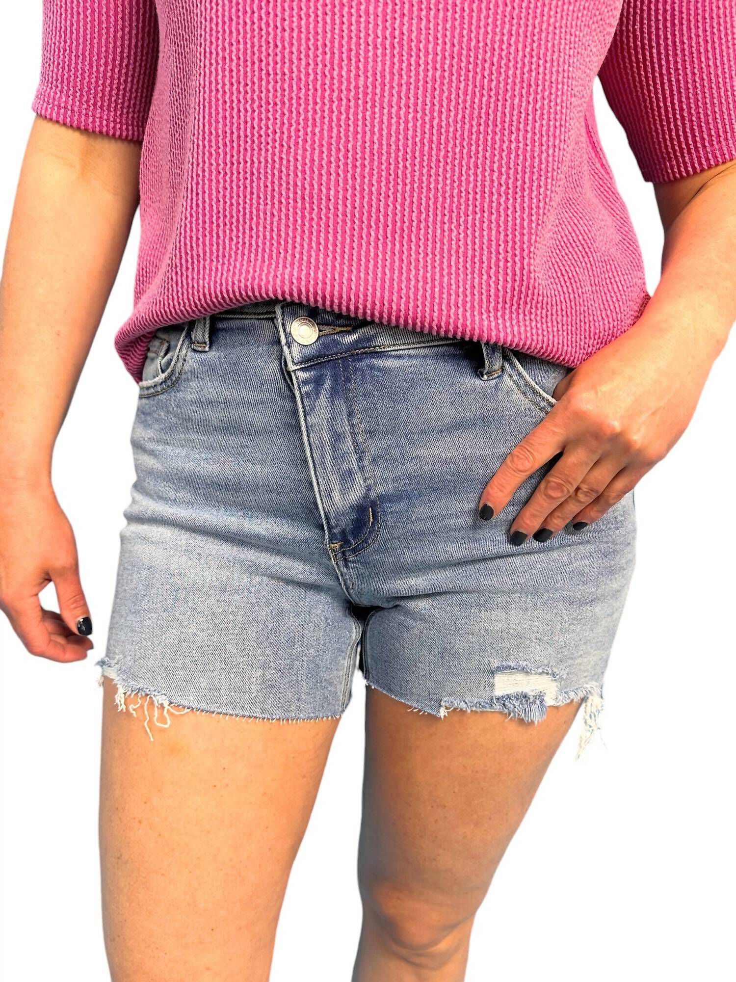 High Rise Criss Cross Shorts, Light  Medium Denim / Light Blue, alternate image number 3