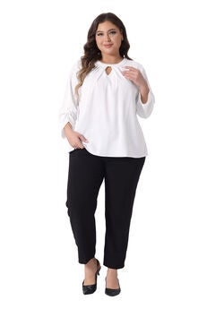 Crewneck Keyhole 3/4 Sleeve Pleated Blouse Shirt