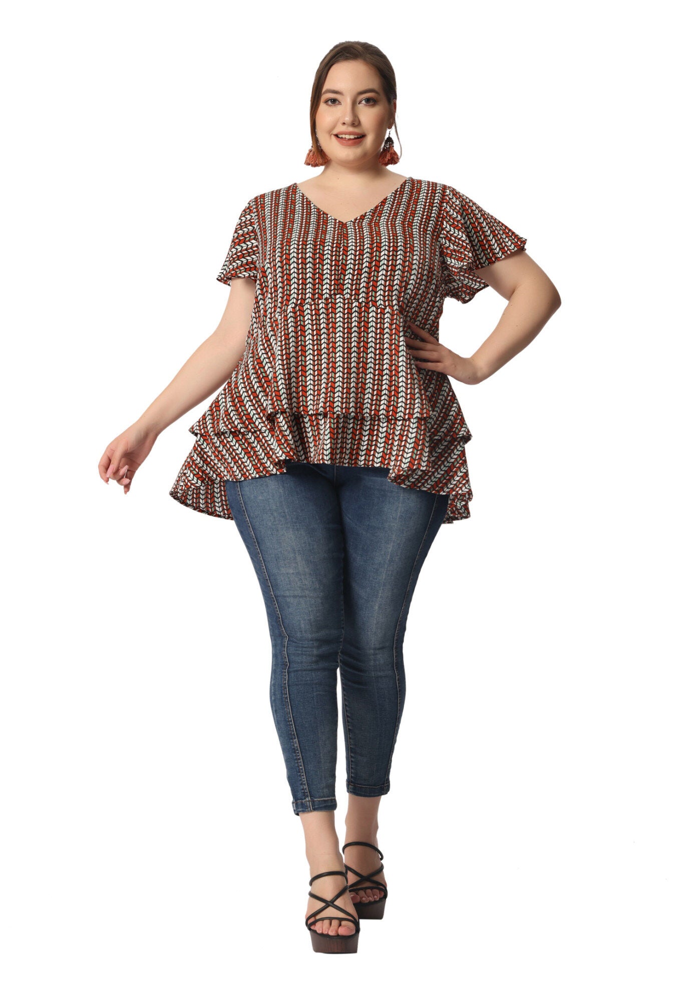 Summer Top V Neck Short Sleeve Peplum Geometric Print Layered Ruffle Blouse, Red / Red, hi-res image number 0