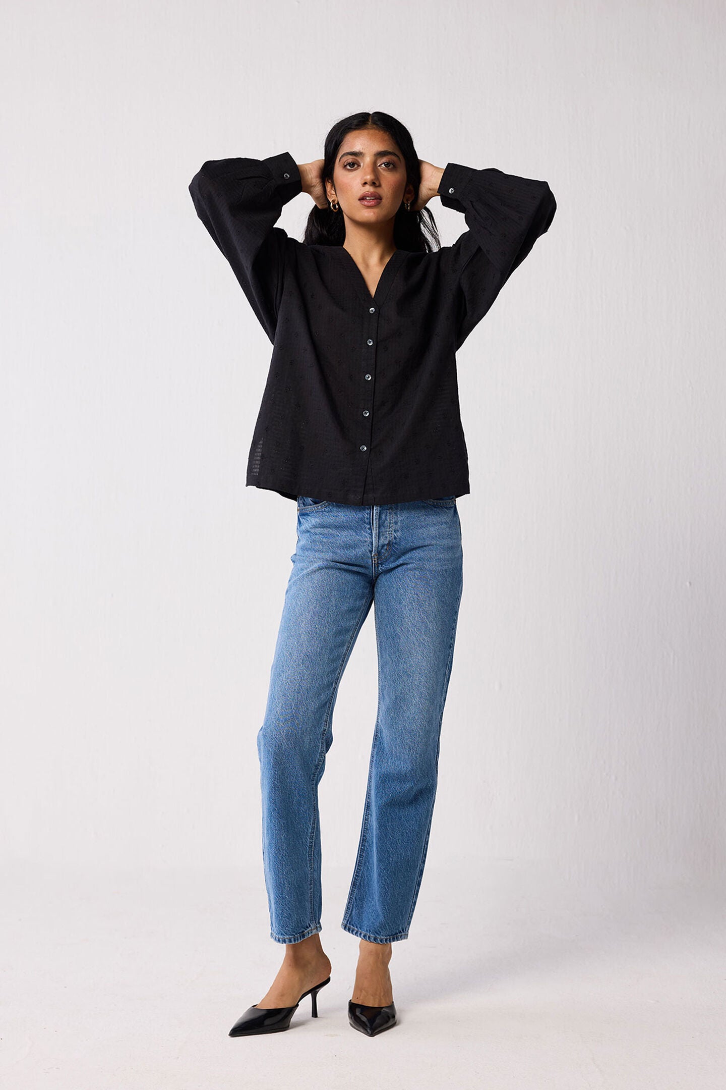 Embroidered Shirt with Long Balloon Sleeves in Black, Black / Black, alternate image number 6
