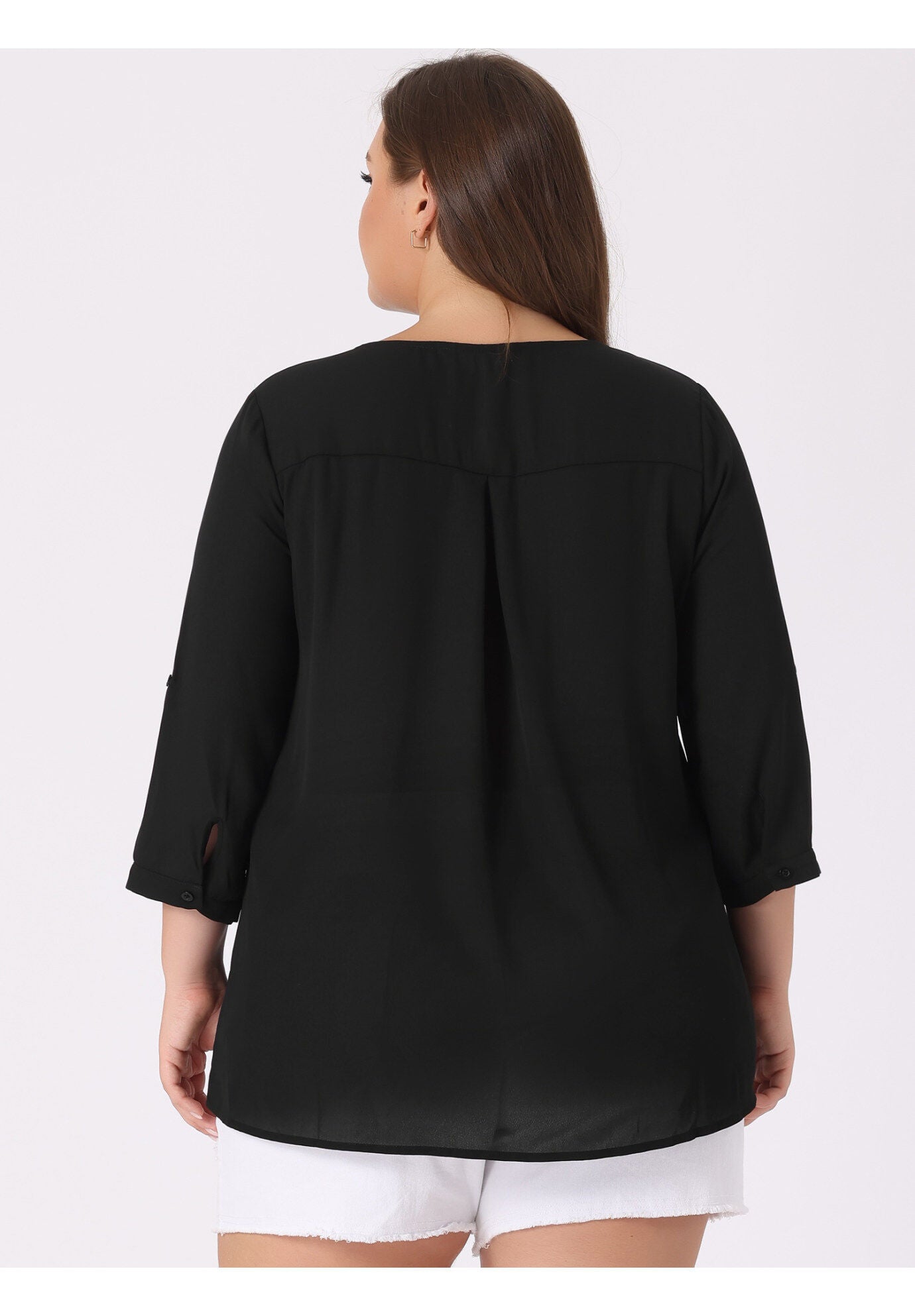 3/4 Sleeve Sheer Flowy Summer Split V Neck Blouse, Black / Black, alternate image number 3
