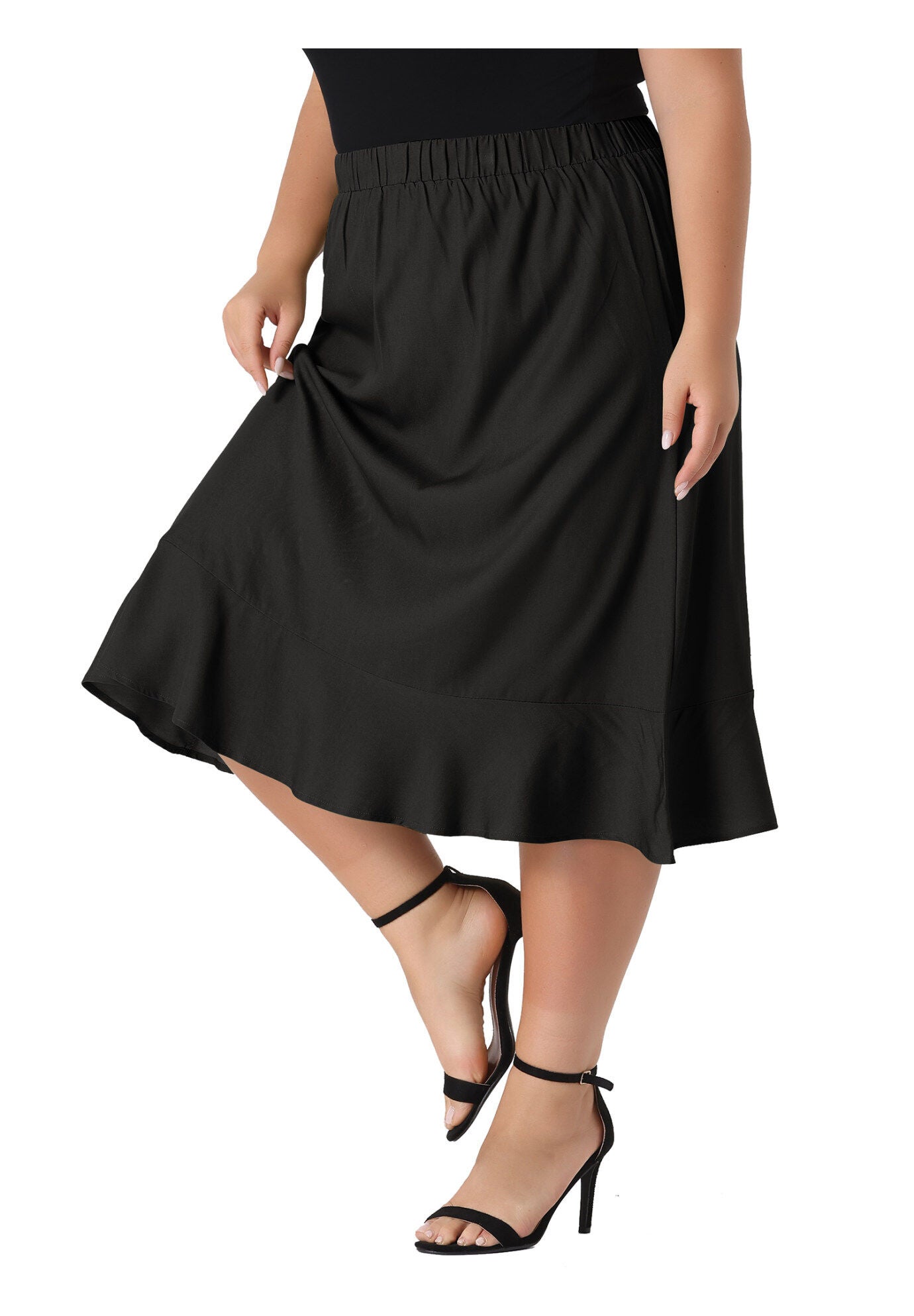 ELASTIC WAIST RUFFLE HEM CHAMBRAY MIDI SKIRT, Black / Black, alternate image number 2