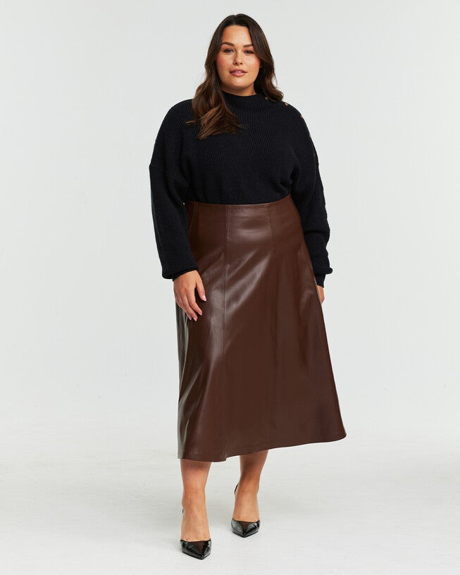 Ashdown PU Vegan Leather Midi Skirt, Chocolate / Brown, alternate image number null