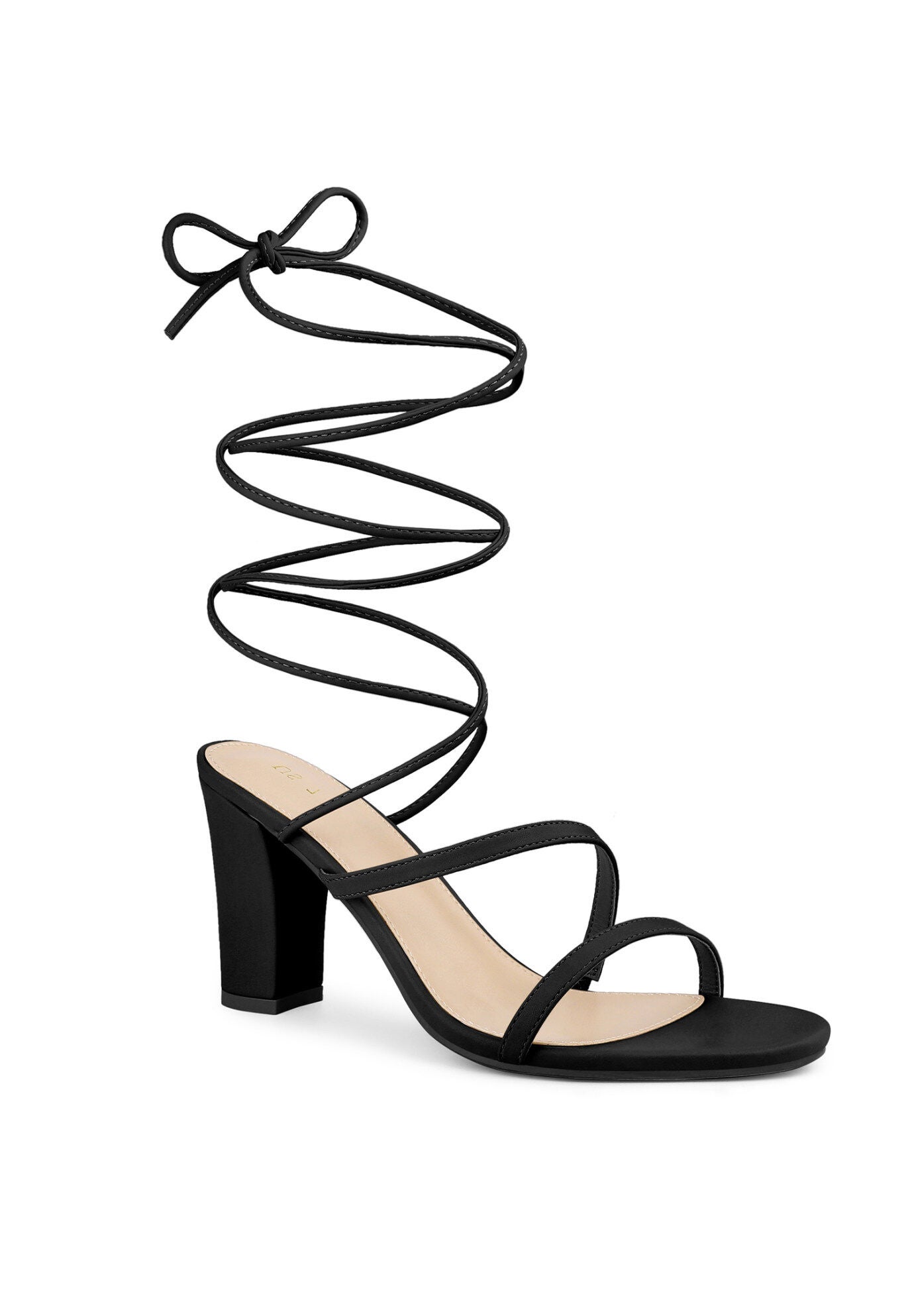 Lace Up Block Heel Strappy Heels Sandals, Black / Black, hi-res image number 0