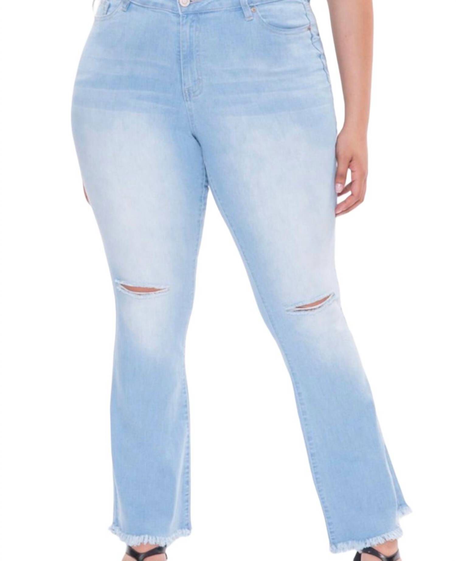 SINGLE BUTTON HIGH RISE SUPER FLARE JEANS, Light Blue Rips / Light Blue, hi-res image number 0
