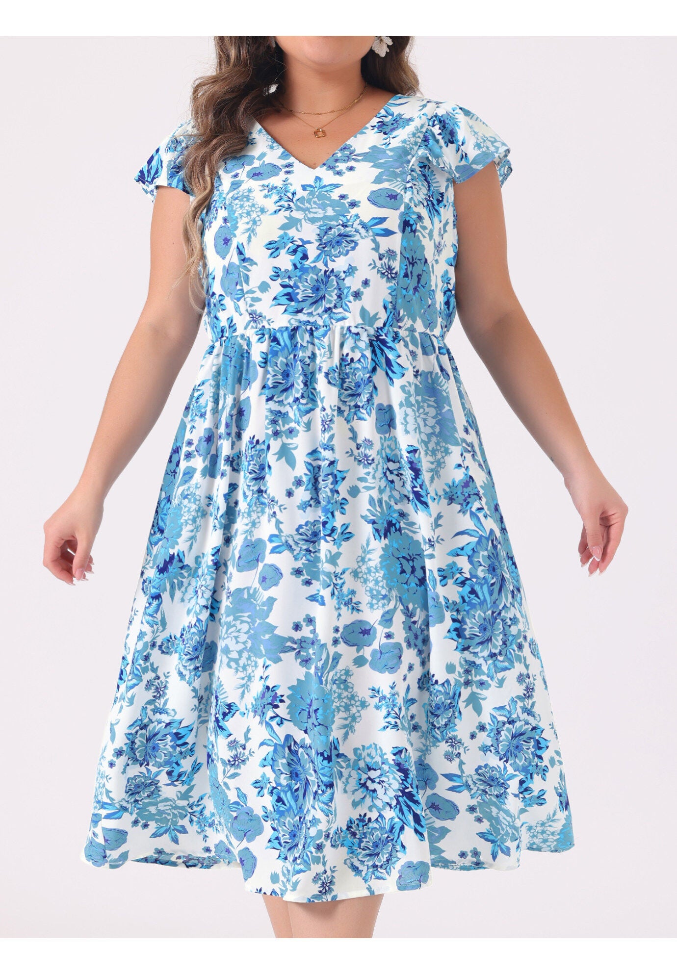 Floral Ruffle Short Sleeves Tie Back V Neck Summer Dress, Blue / Light Blue, alternate image number 1