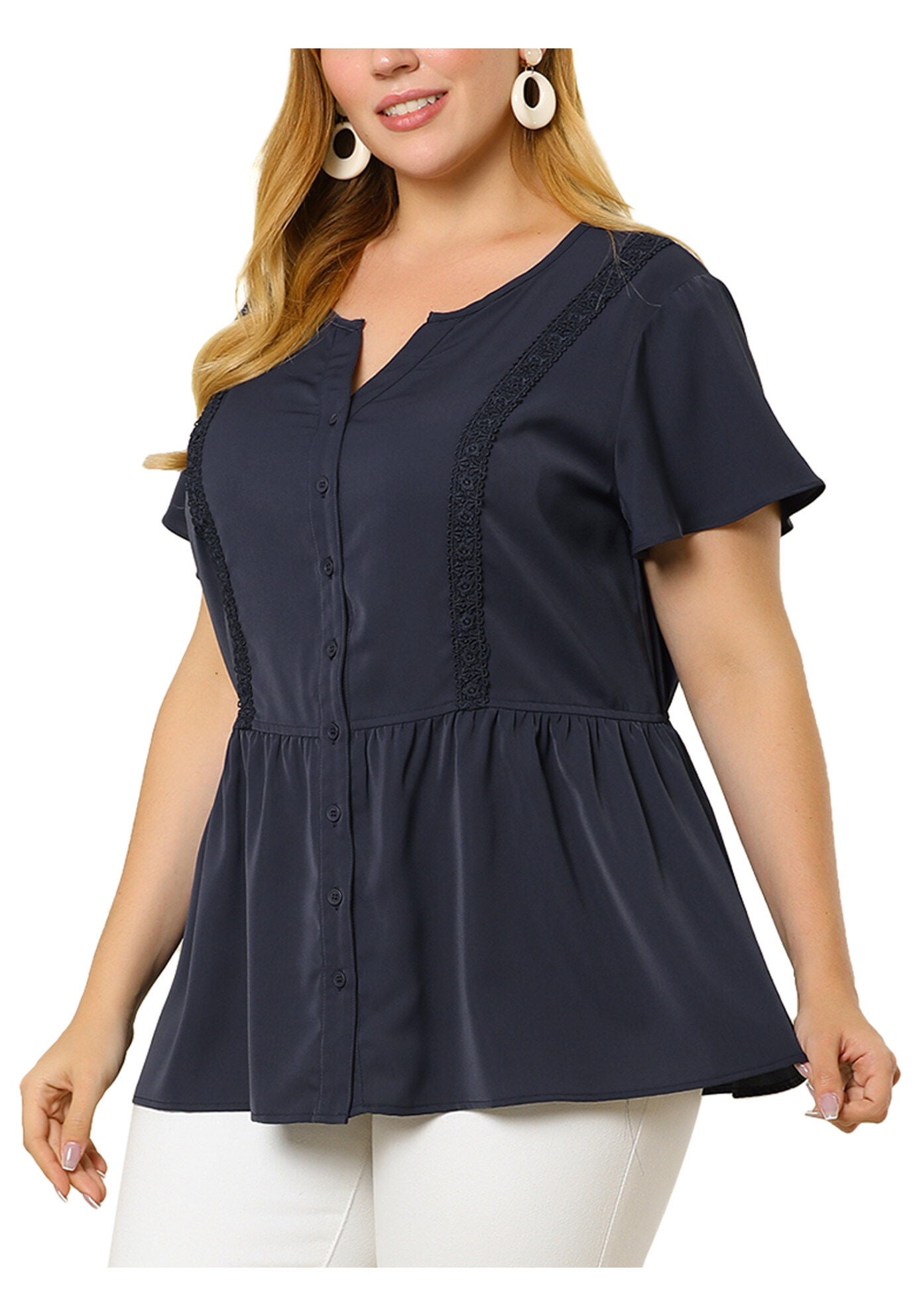 Button Down V Neck Blouse Shirt Short Sleeve Flare Peplum Top, Navy Blue / Navy, alternate image number 2