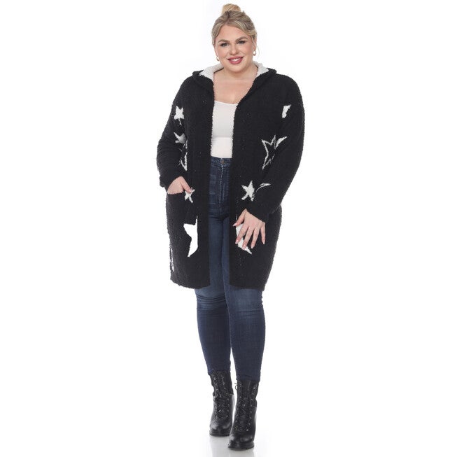 Hooded Open Front Sherpa Coat, BlackWhite Stars / Black, alternate image number null
