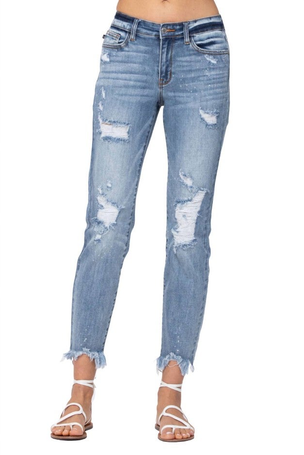 DESTROYED HEM BLEACH SPLASH BOYFRIEND JEAN IN LIGHT WASH, Light Wash / Light Wash, hi-res image number 0