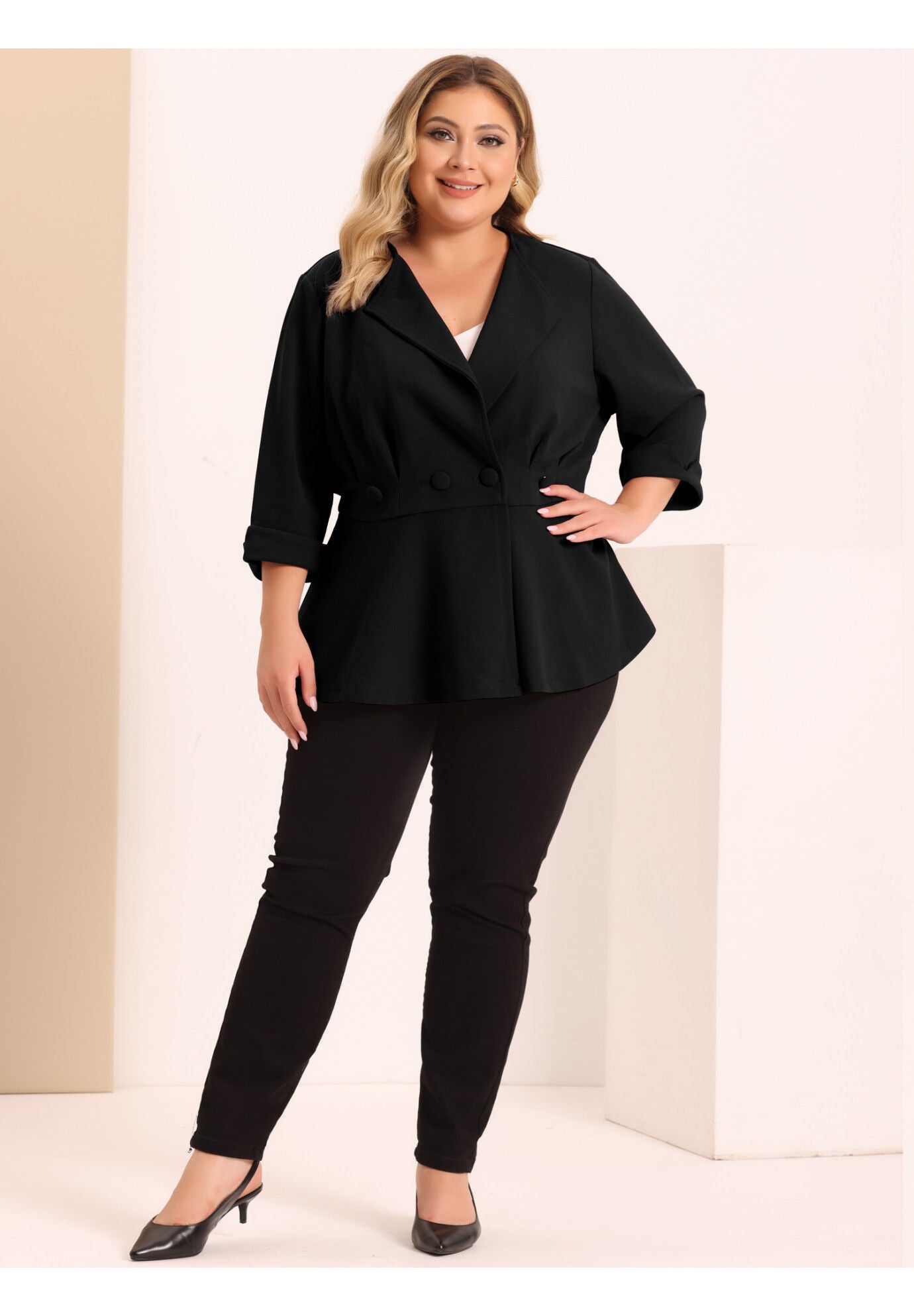 NOTCHED LAPEL PEPLUM JACKET SUIT BLAZER, Black / Black, hi-res image number 0