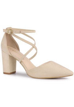 Crisscross Strap Pointed Toe Chunky Heels Pumps