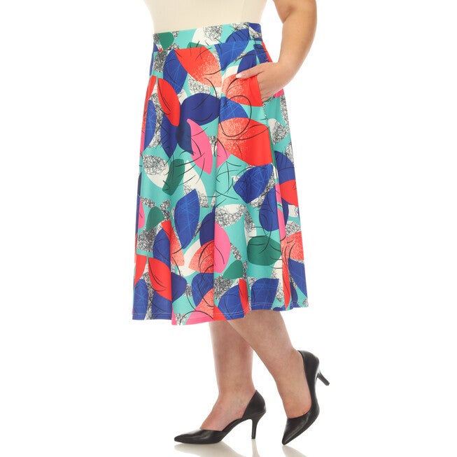 Leaf Print Vintage Flared Midi Skirt, , alternate image number null