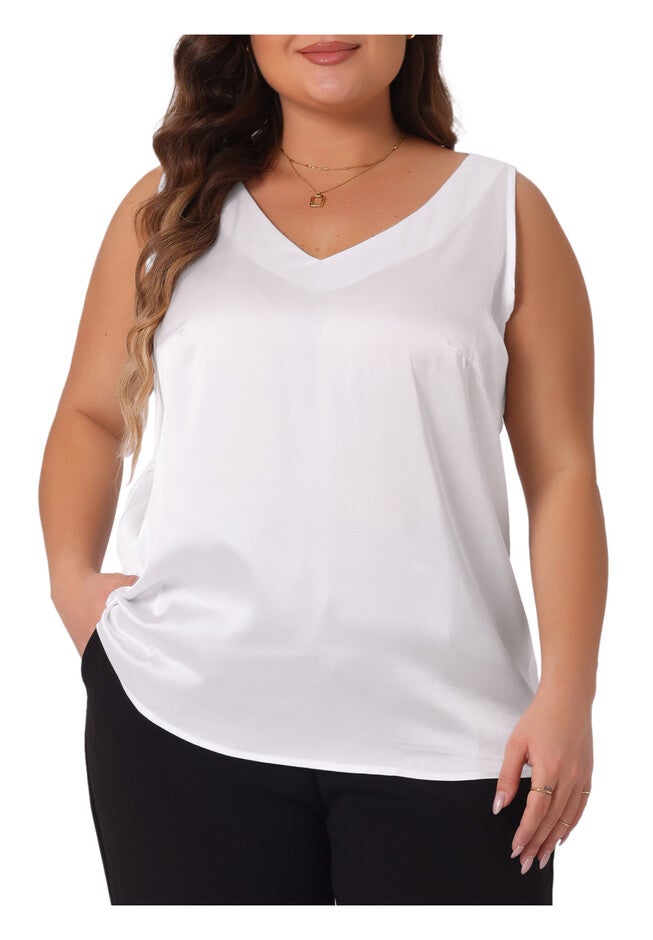 Satin Tank Top V Neck Casual Sleeveless Cami, White / White, alternate image number 1