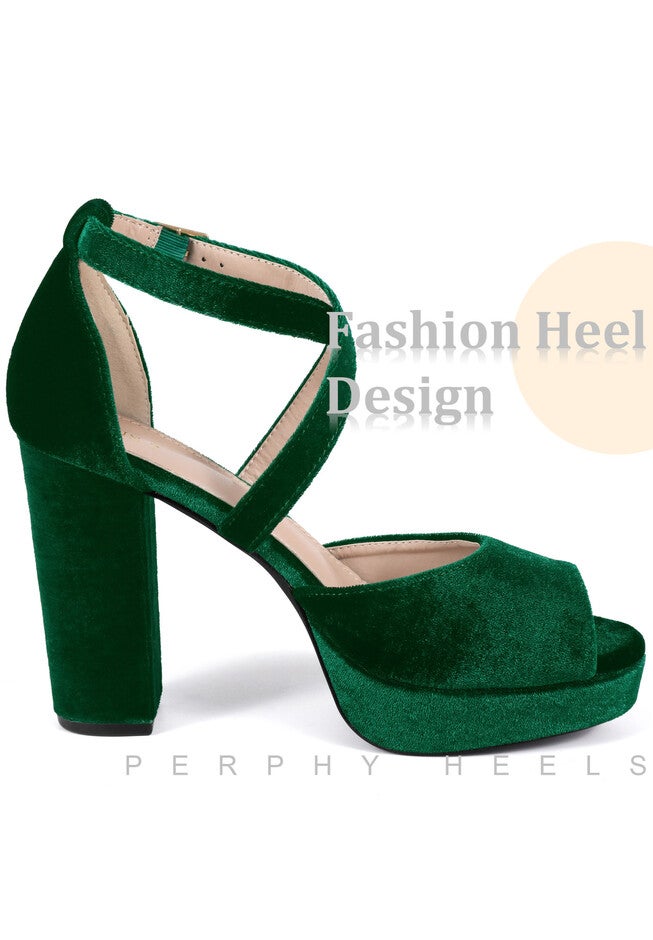 Peep Toe Pumps Velvet Block Heel Platform Sandals, Emerald Green / Hunter Green, hi-res image number 0