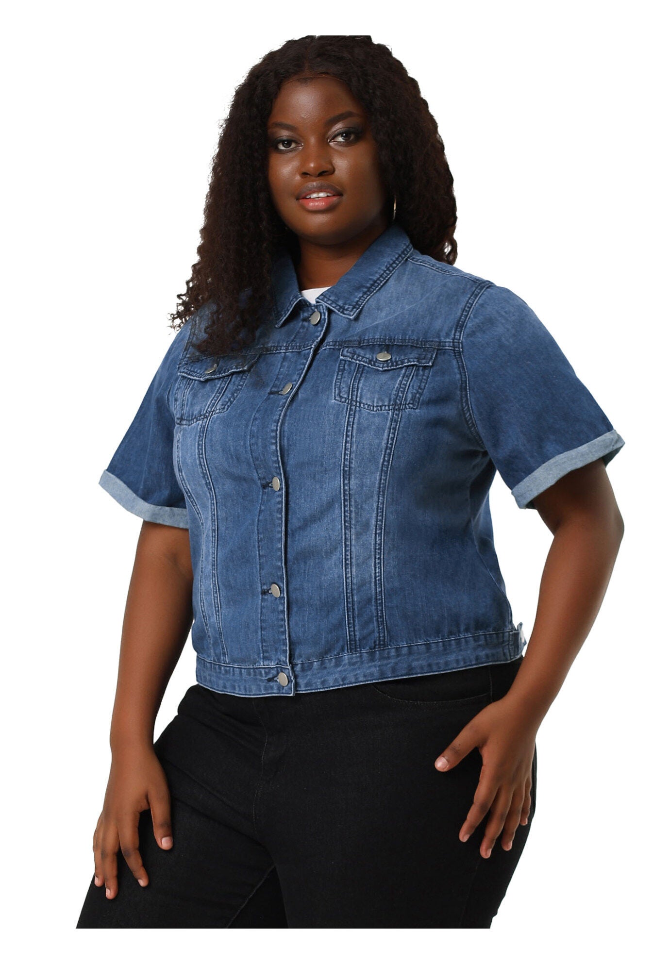 BUTTON FRONT CROP JEAN SHORT SLEEVE DENIM JACKET, Blue / Royal Blue, alternate image number 3