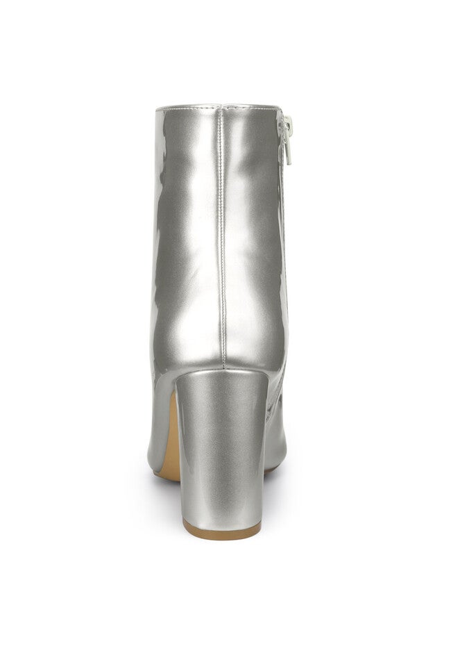 PATENT LEATHER POINTED TOE ZIP ANKLE BOOTS, Silver / Silver, alternate image number 1