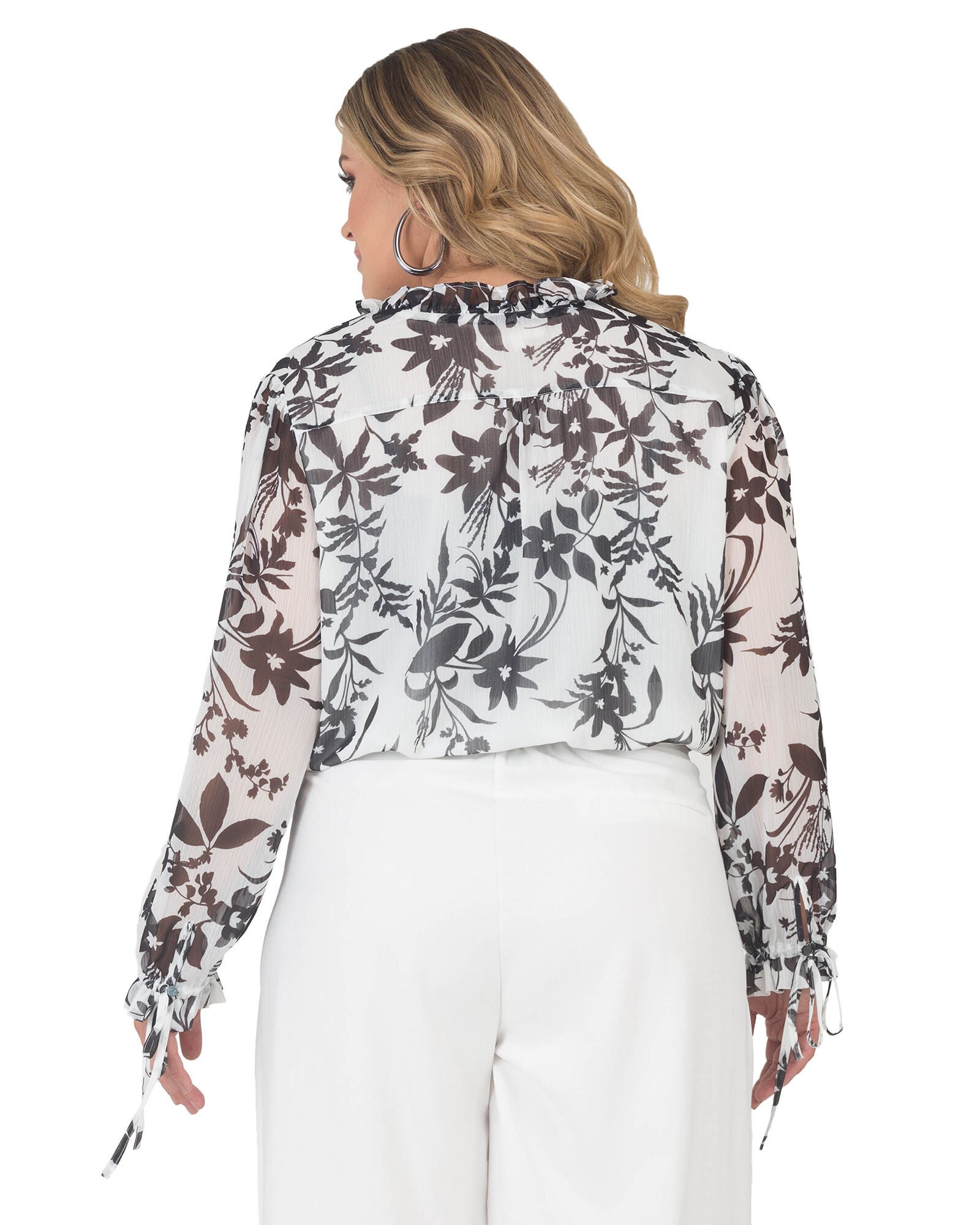 Plus Size Jessica Chiffon Tie-Neck Long Sleeve Prairie Top, Black  White Floral / White, alternate image number 4