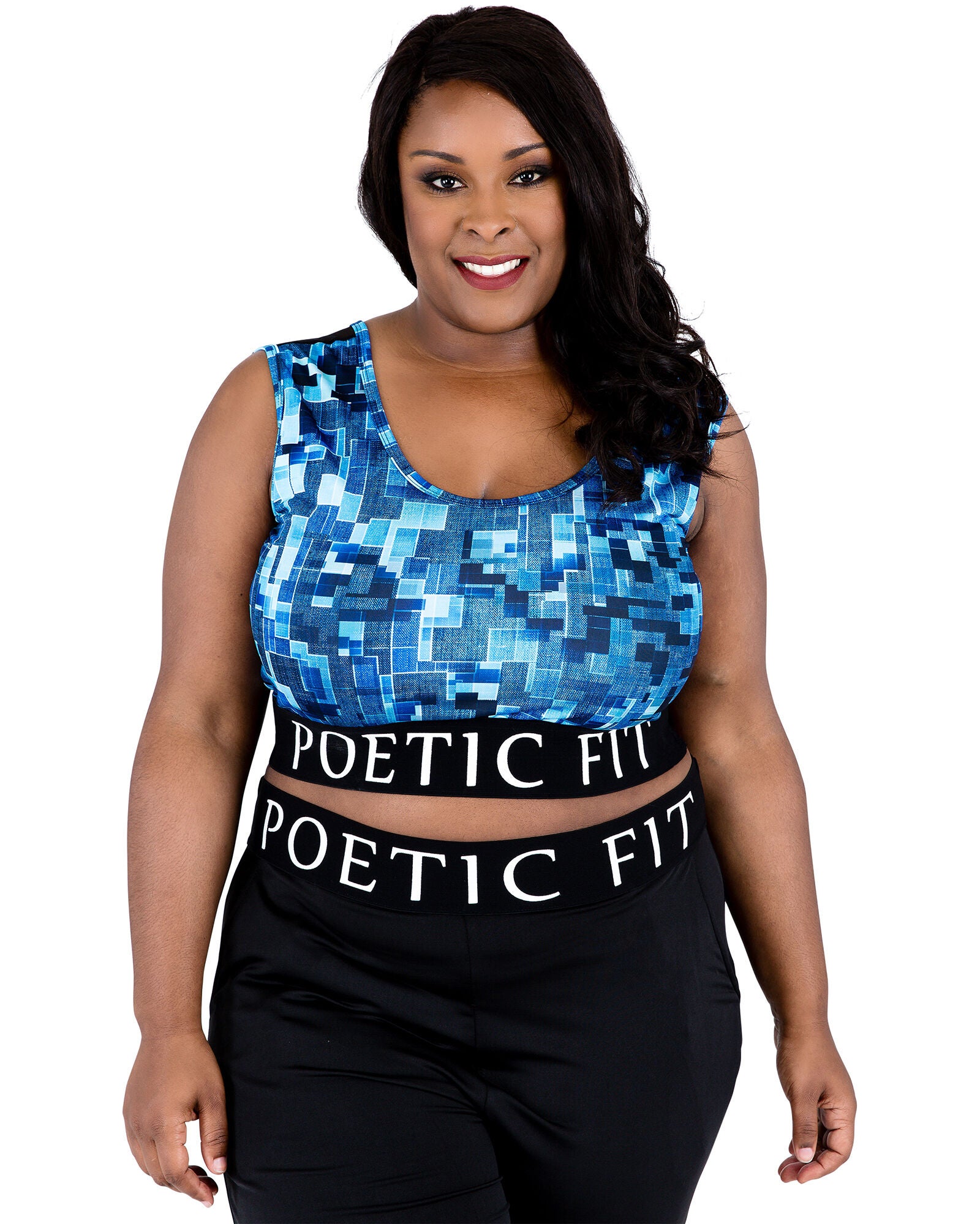 Plus Size Ryan Geometric Print Mesh V-Back Sports Bra, Blue Geo / Light Blue, hi-res image number 0