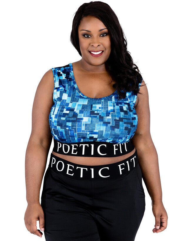 Plus Size Ryan Geometric Print Mesh V-Back Sports Bra, Blue Geo / Light Blue, hi-res image number 0