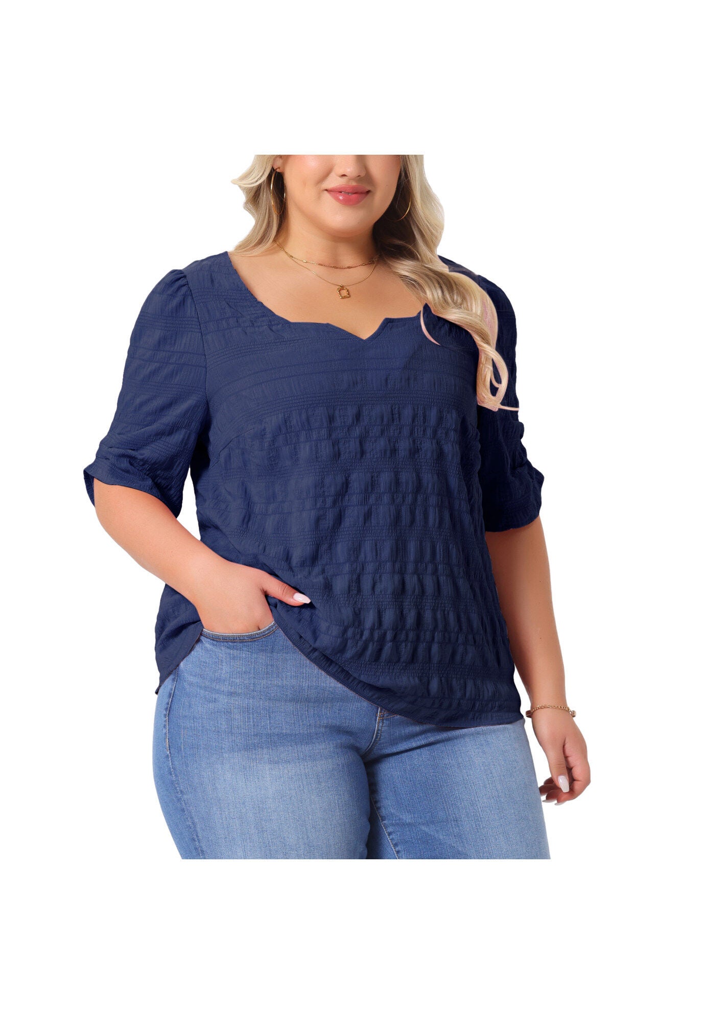 Pleated Notched Short Sleeve Casual Blouse, Dark Blue / Navy, alternate image number 2