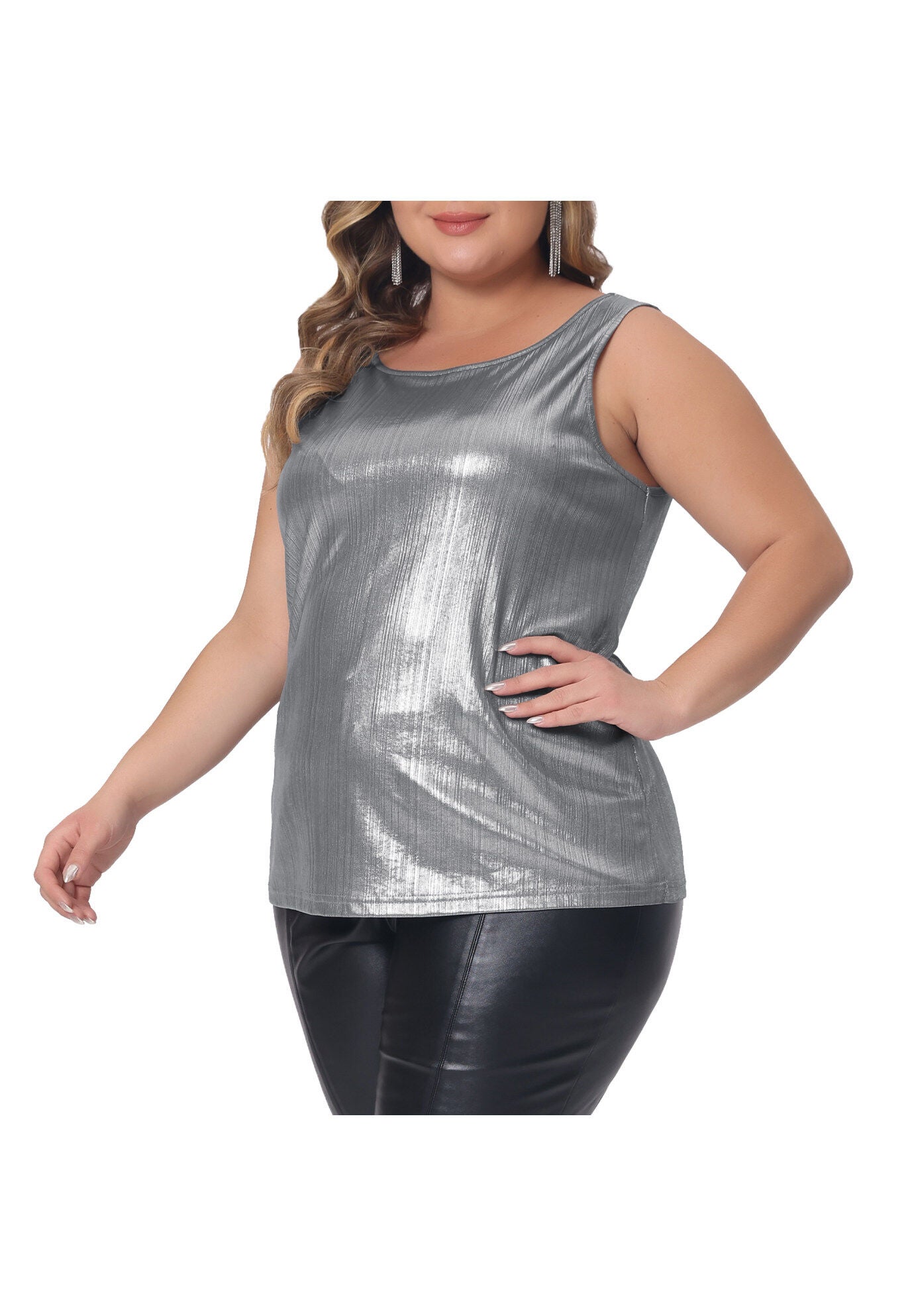 Crew Neck Sleeveless Holographic Shiny Metallic Tank Top, Silver / Silver, alternate image number 1