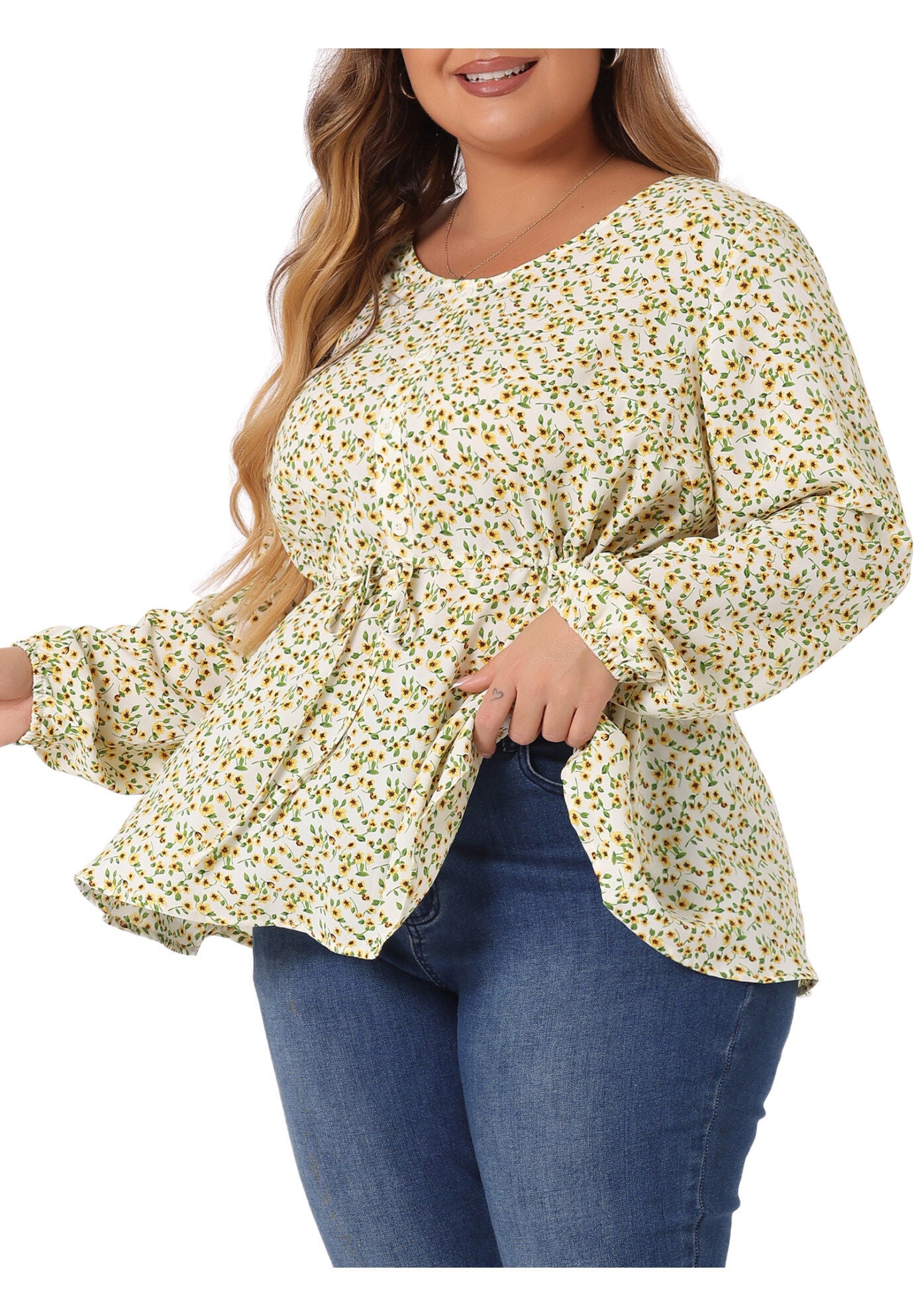 Floral Print Long Sleeves Belt Tie Ruffle Casual Peplum Top, Yellow / Yellow, alternate image number 1