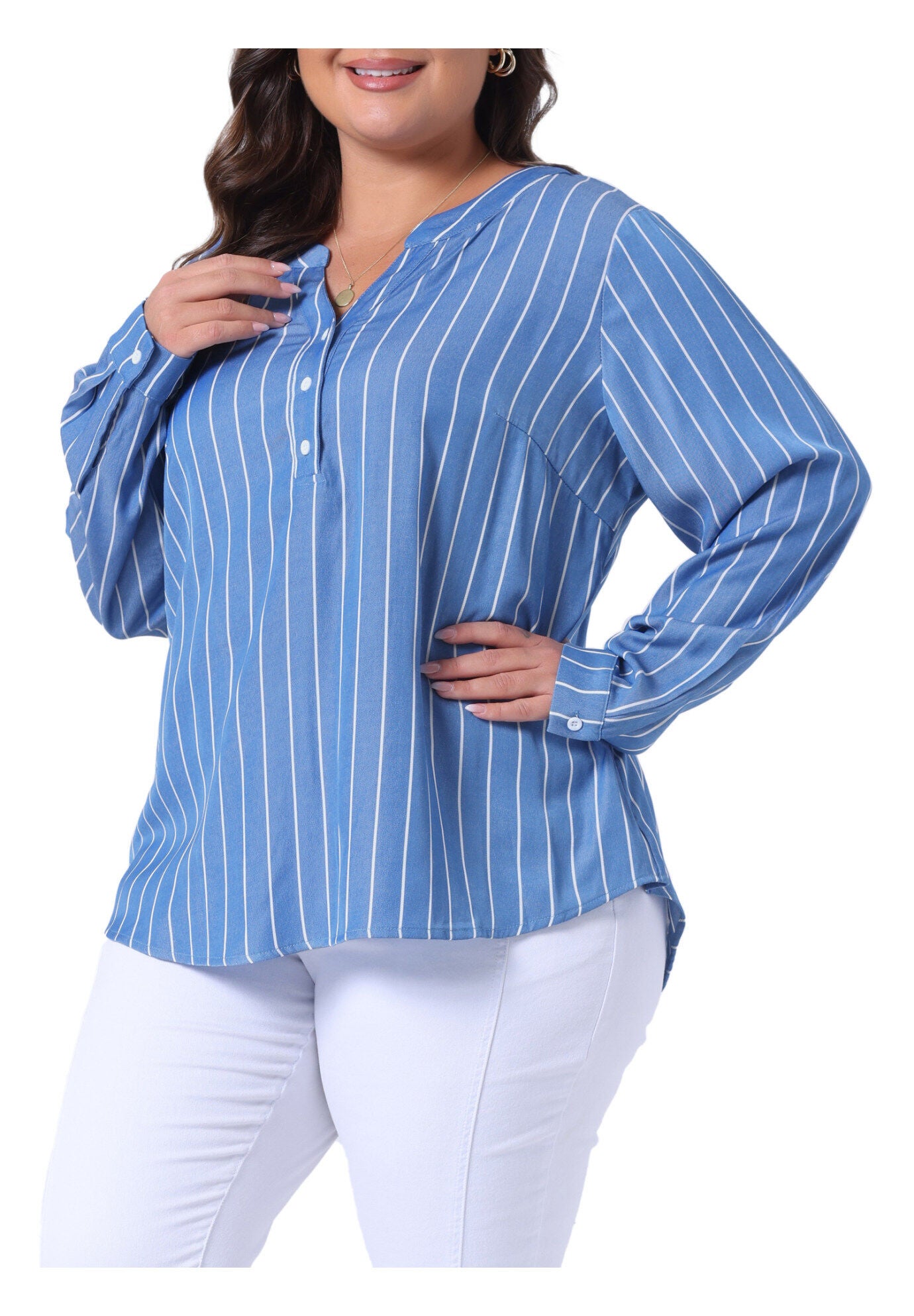 Long Sleeve Button Down Shirt Top, Blue / Light Blue, alternate image number 2