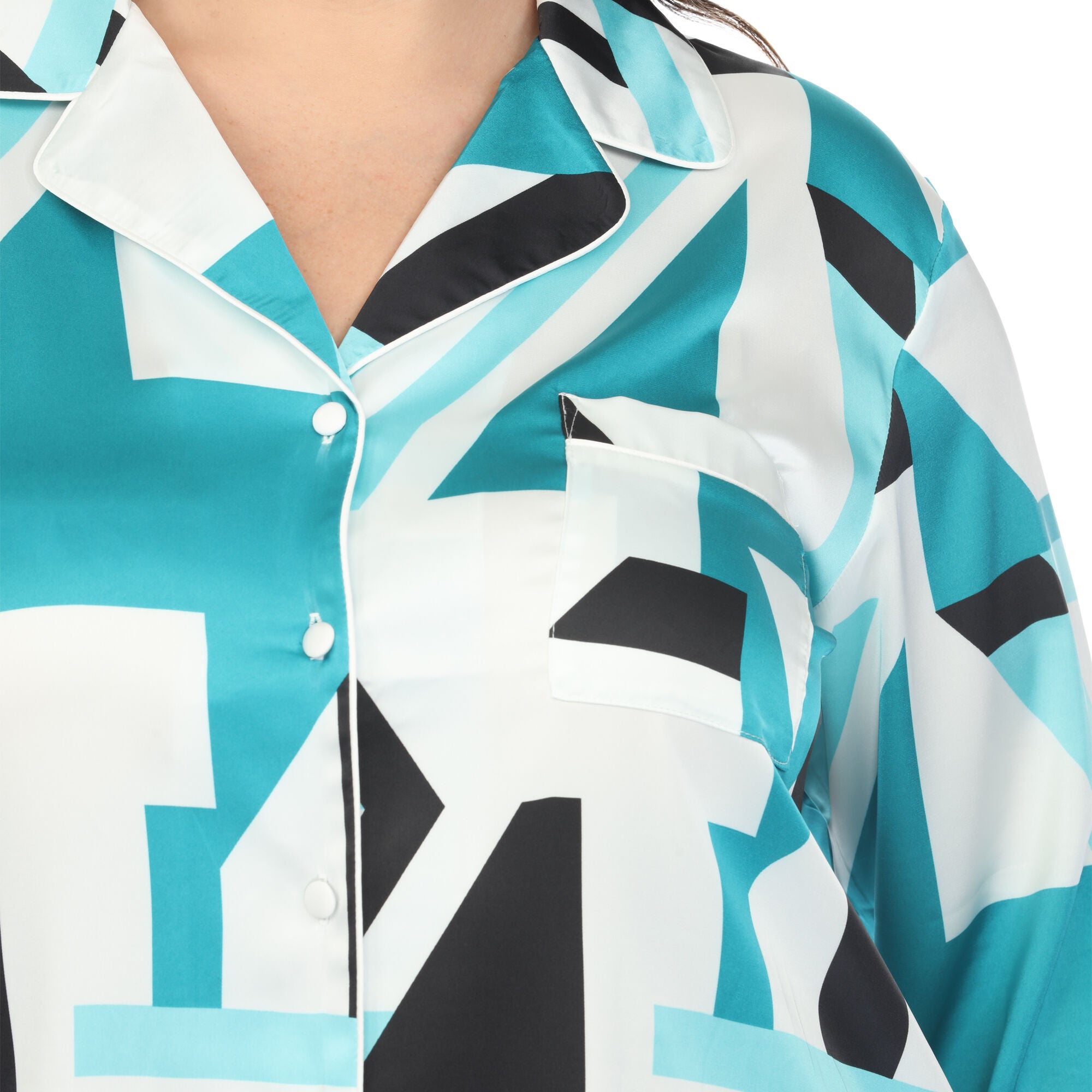 Printed Satin Pajama Set, Teal / Teal, alternate image number 3