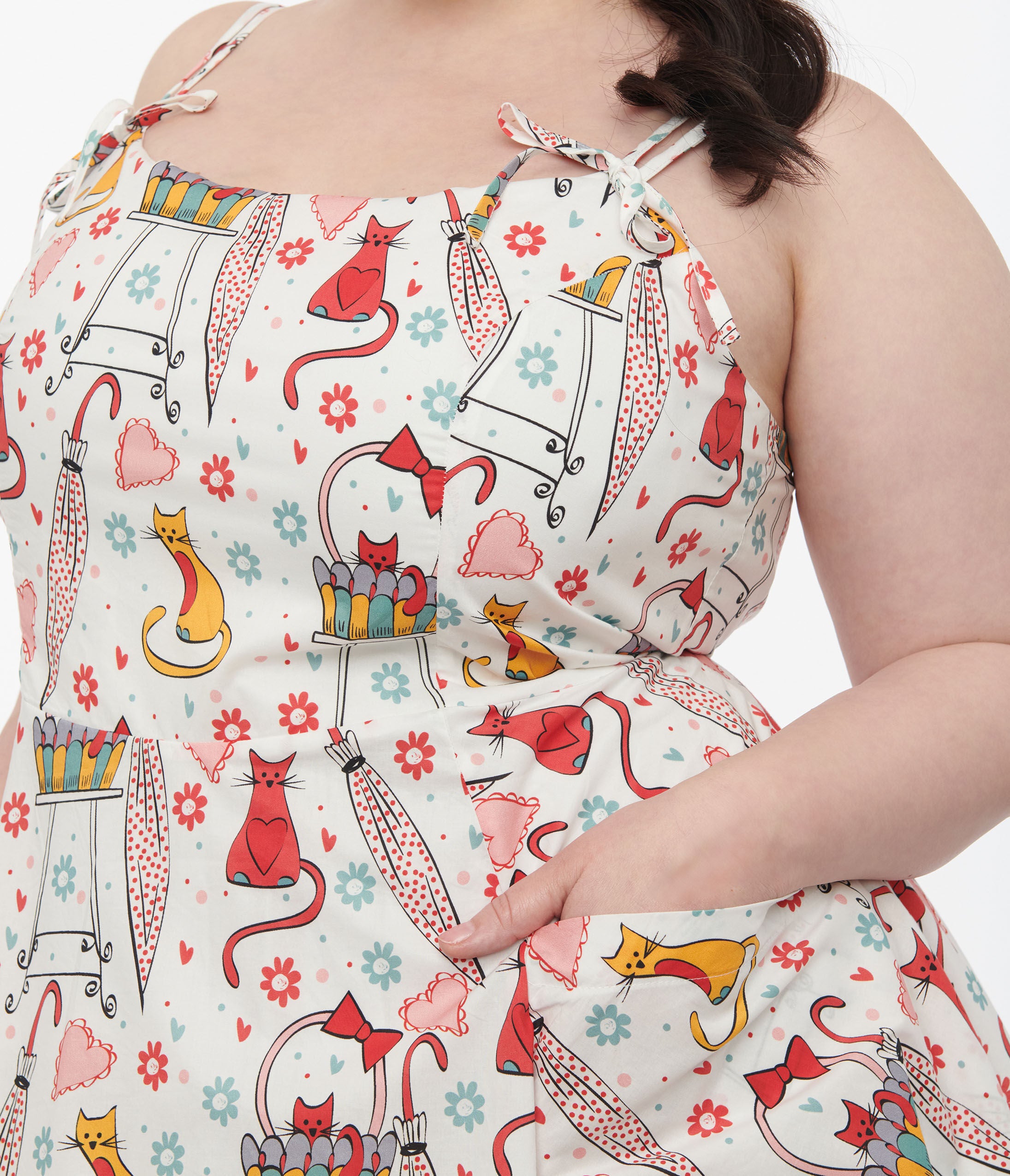 Unique Vintage 1950s Red & Yellow Cat Print Cotton Bobbie Swing Dress, Cat Print / White, alternate image number 1