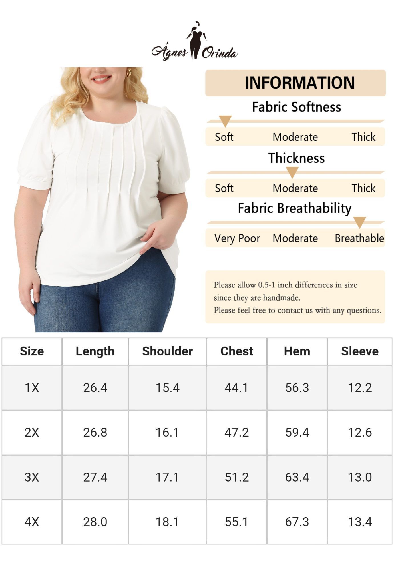 Puff Short Sleeve Crew Neck Pleated Tunic Blouse, White / White, alternate image number 4