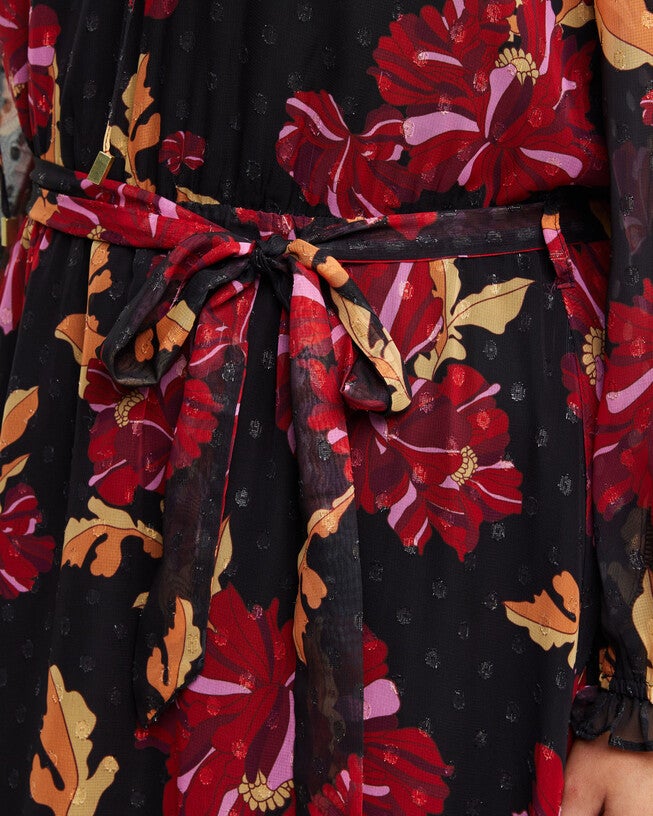 Midnight Petal Long Sleeved Floral Midi Dress, , alternate image number null