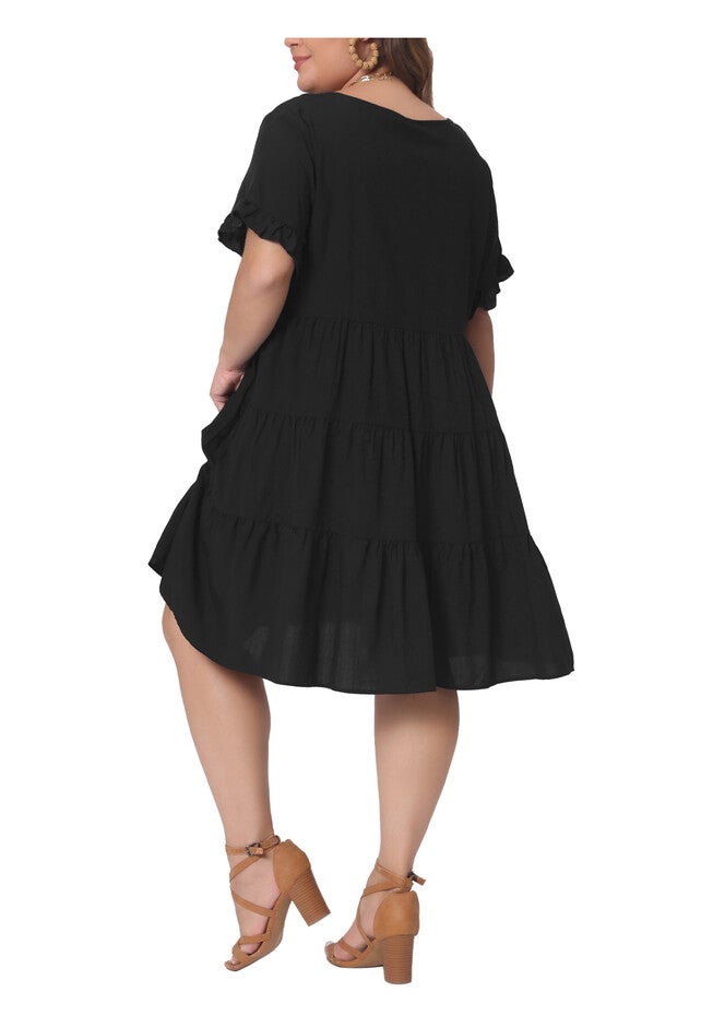 V Neck Ruffle Sleeve with Pockets Swing A Line Tiered Dress, Black / Black, alternate image number null
