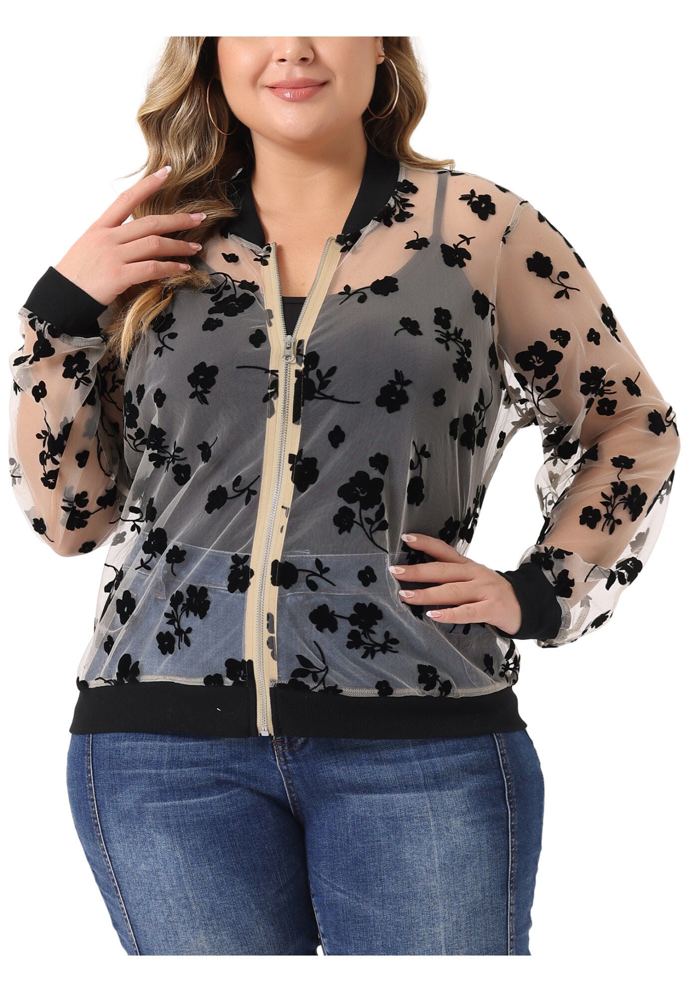 SHEER FLORAL LACE LONG SLEEVE BASEBALL JACKET, Apricot / Cream, alternate image number 1