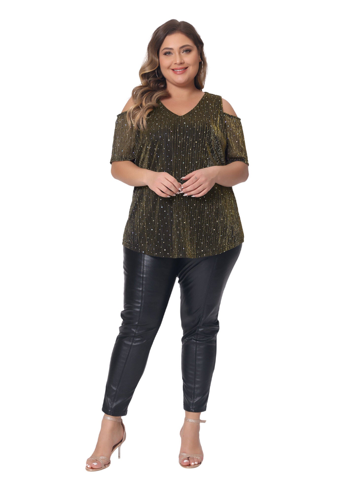 GLITTER SEQUIN COLD SHOULDER SHORT SLEEVE TOP, Gold / Gold, hi-res image number 0