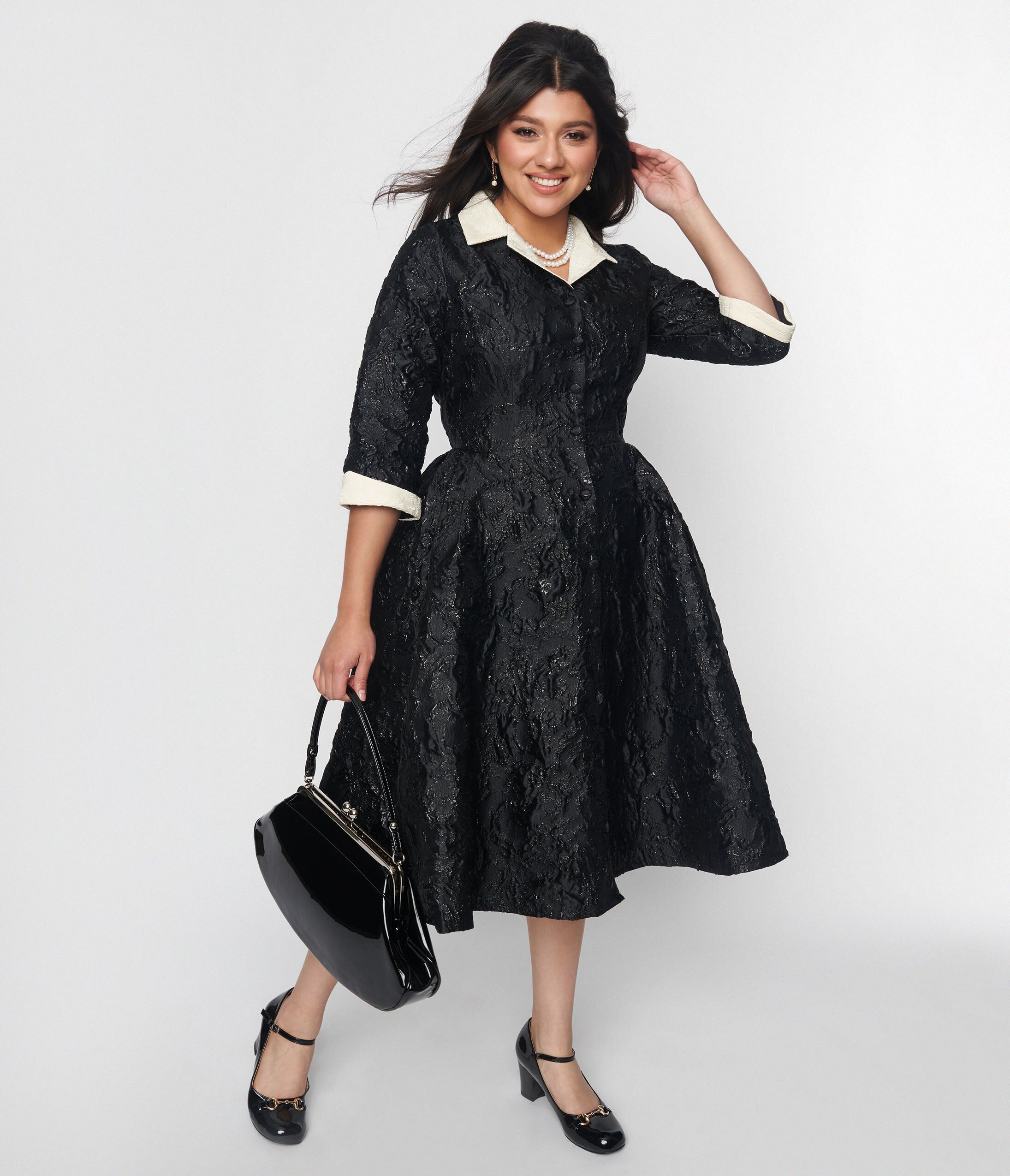 Unique Vintage Black Brocade Swing Dress, Black / Black, hi-res image number 0