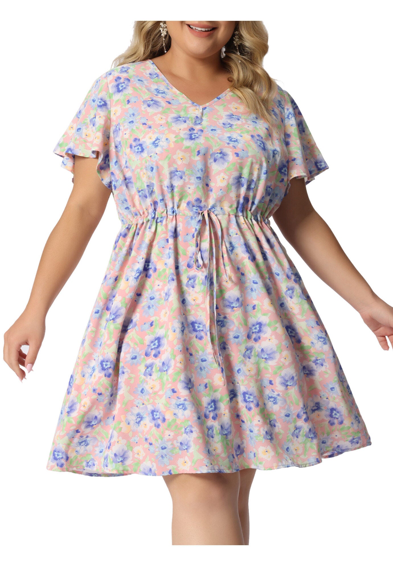 Floral Drawstring Waist V Neck Dress, Pink / Pink, alternate image number 2