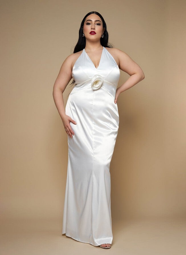 GARDENIA SATIN HALTER MAXI BODYCON DRESS, White / White, alternate image number 3